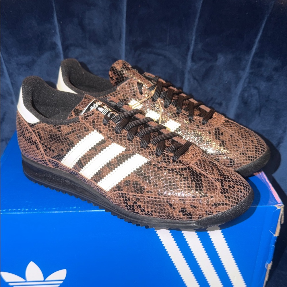 adidas Women's Brown Snake-Print Sneakers with White Stripes and Black Trim